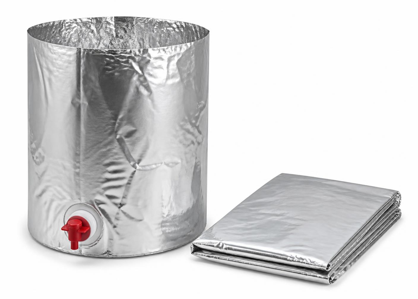 Metallized high-barrier drum liner with spout fitment beside a folded liner