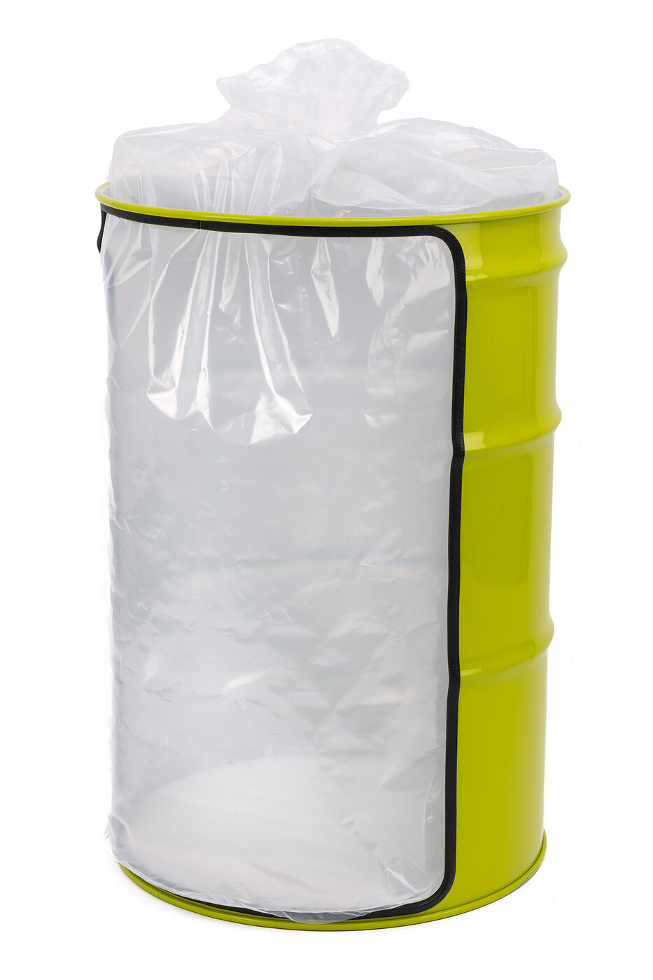Polyethylene drum liner fitted inside an open steel drum