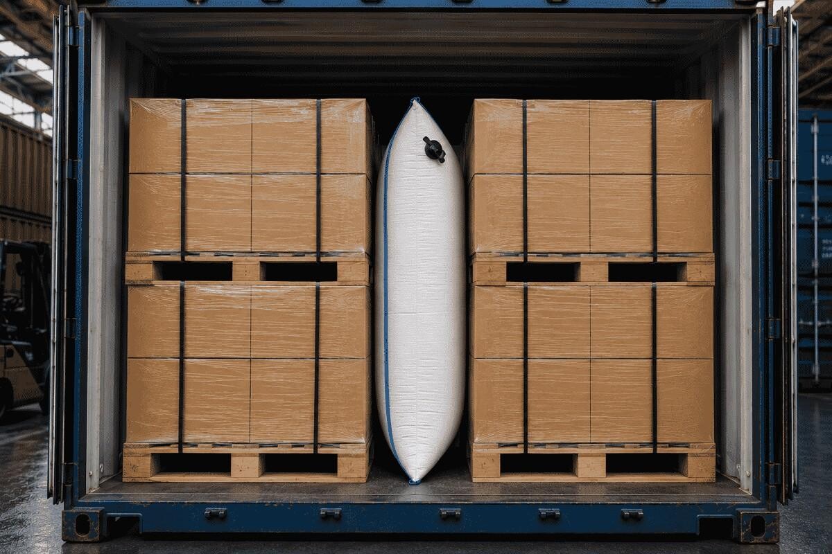 Inflatable dunnage bag filling the void between palletized loads in a container