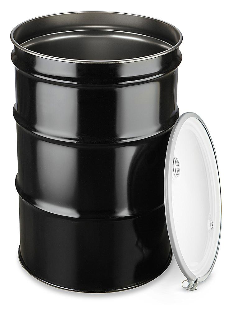 Open head steel drums with locking rings