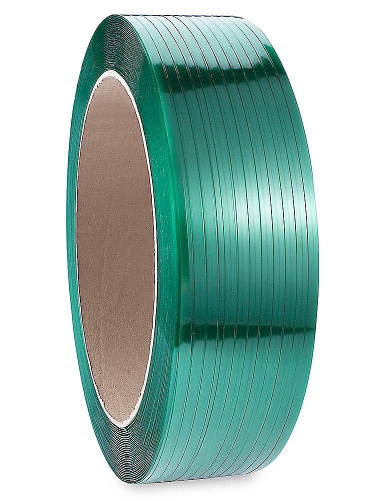 Coils of polyester strapping with tensioning tool