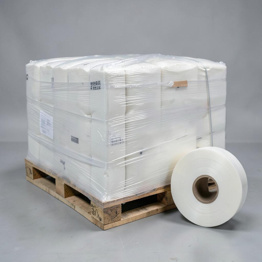 Stretch film roll beside a wrapped pallet load